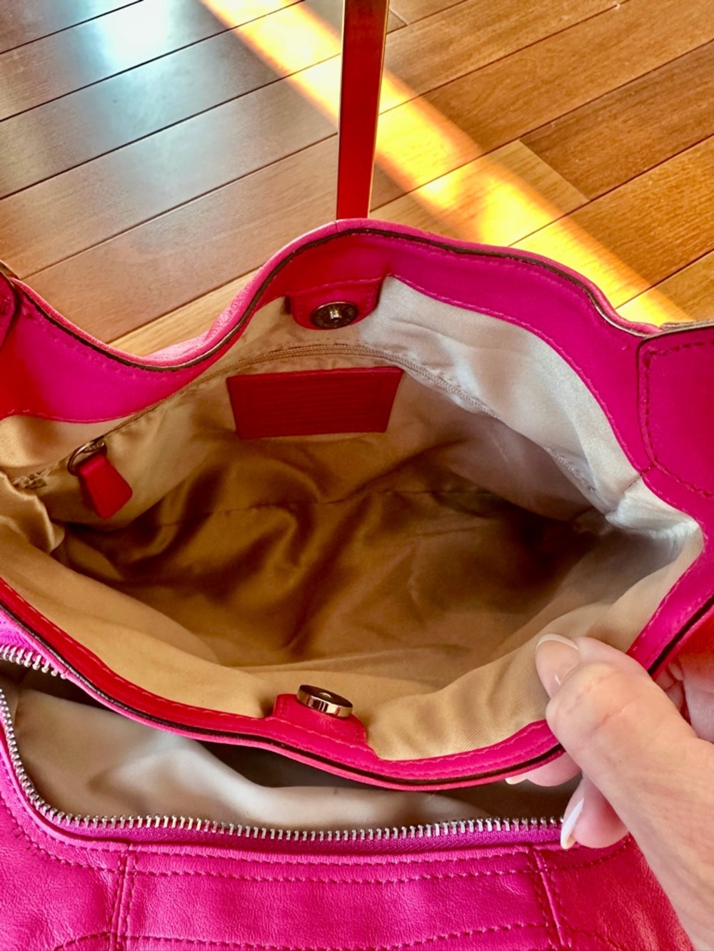 Coach Ashley Leather Hobo Shoulder Bag in Fuchsia with Tan Satin Interior - Picture 14 of 14